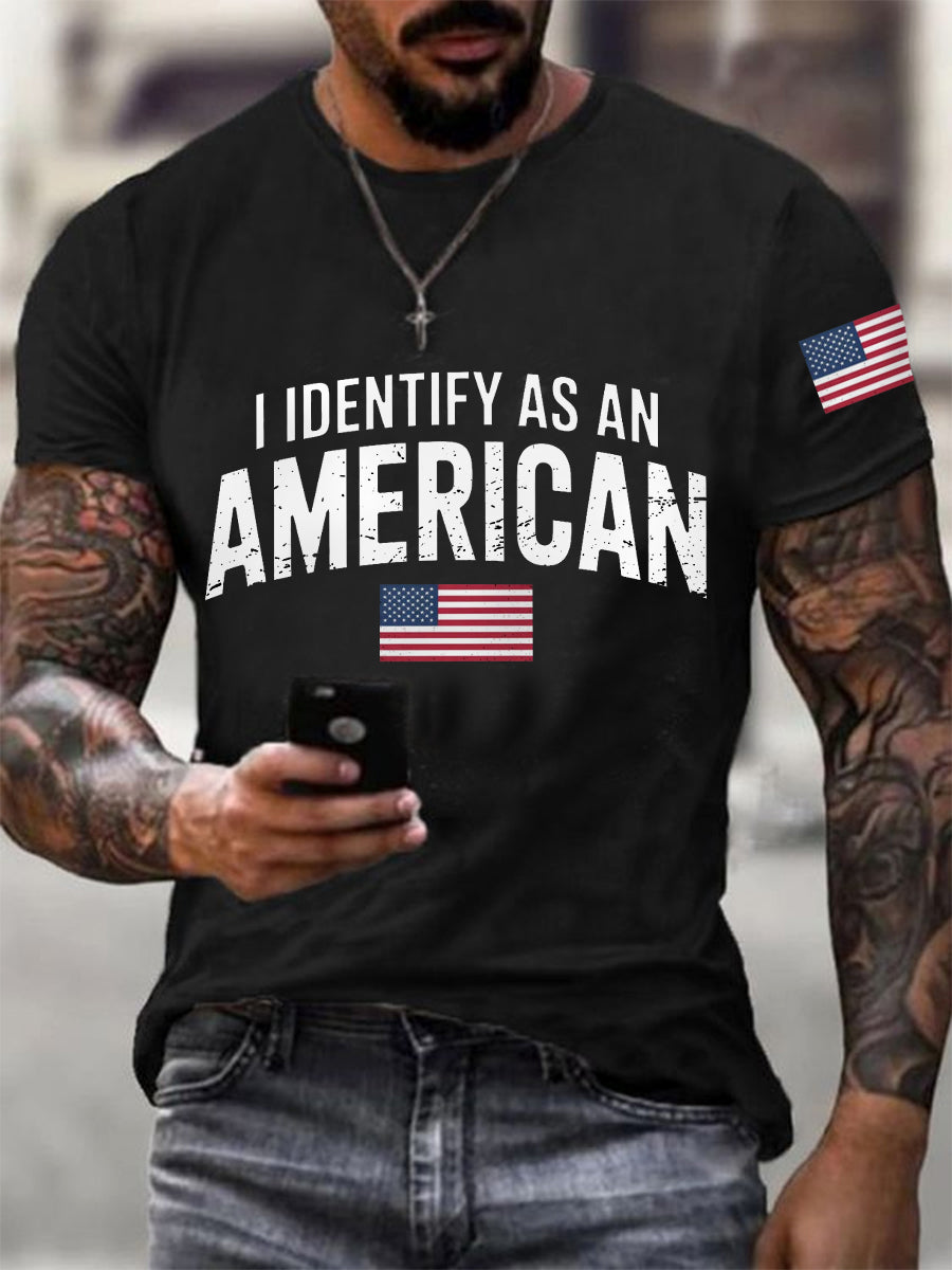 Men's I Identify As An American USA Flag Patriotic Gift Print Casual Tee