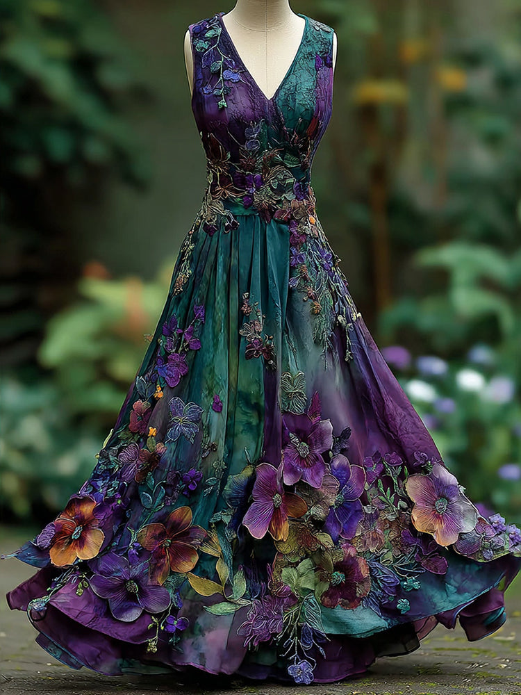 Women's Vintage Embroidered Pansy Floral Gradient Color Belt Maxi Dress