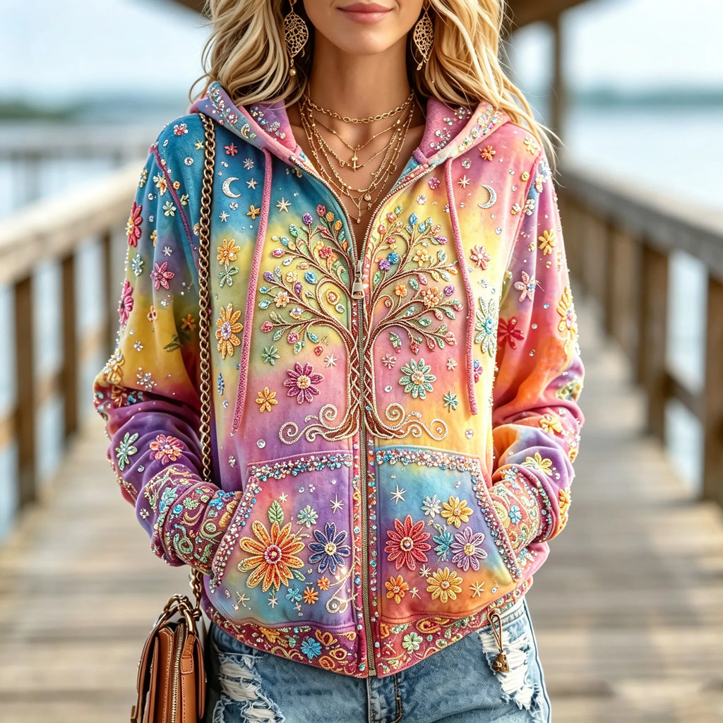 Women's Vintage Hippie Life Of Tree Gradient Art Comfy Zipper Hoodie