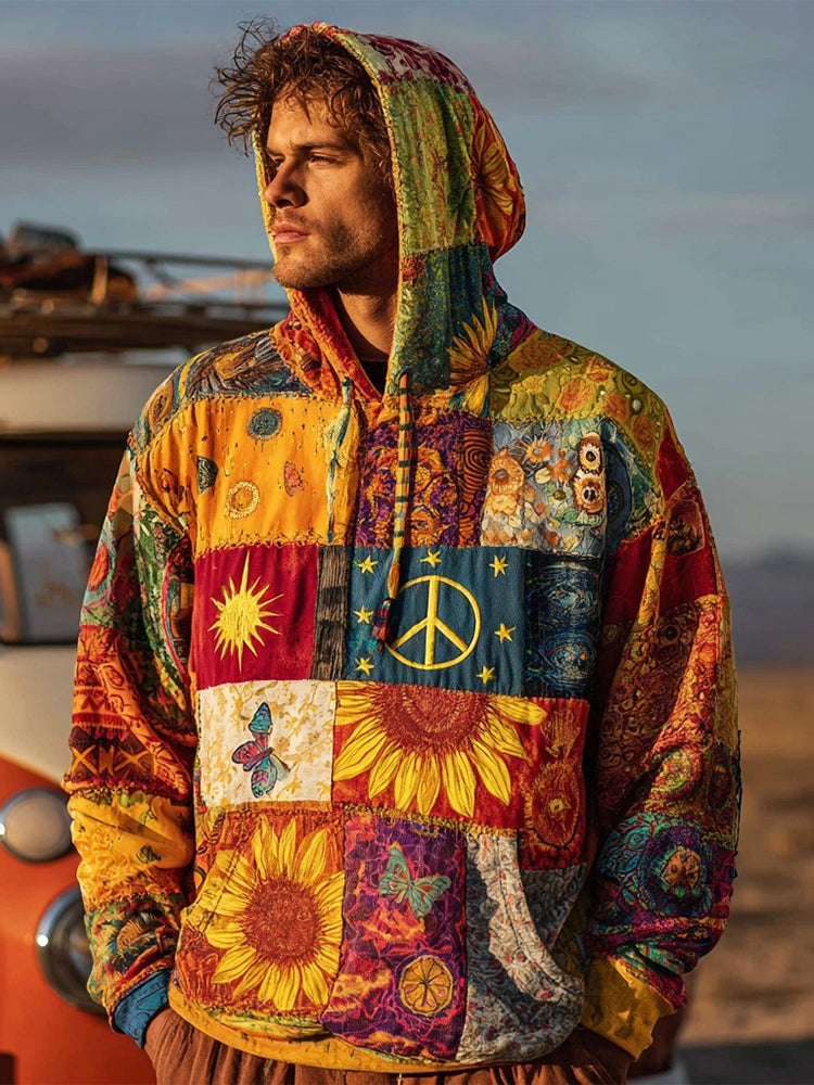 Men's Retro Hippie Peace Sign Patchwork Cozy Hoodie