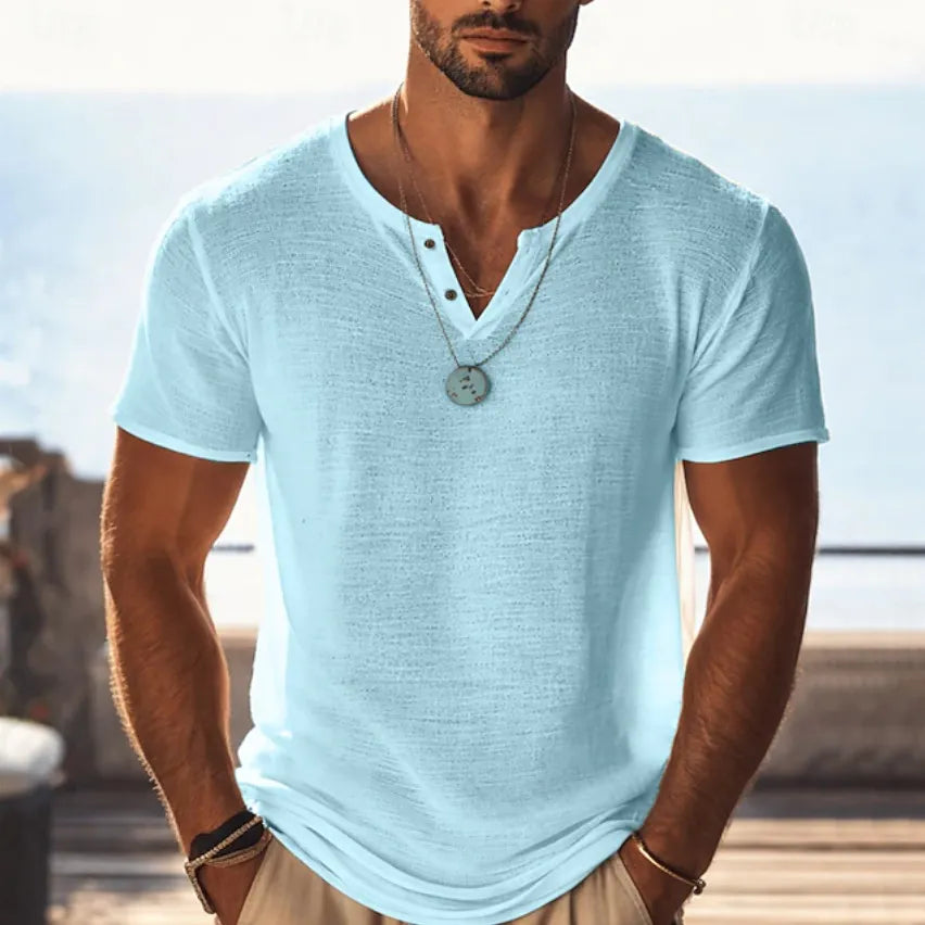 Men's Cotton Linen  Short Sleeve V Neck  T-Shirt