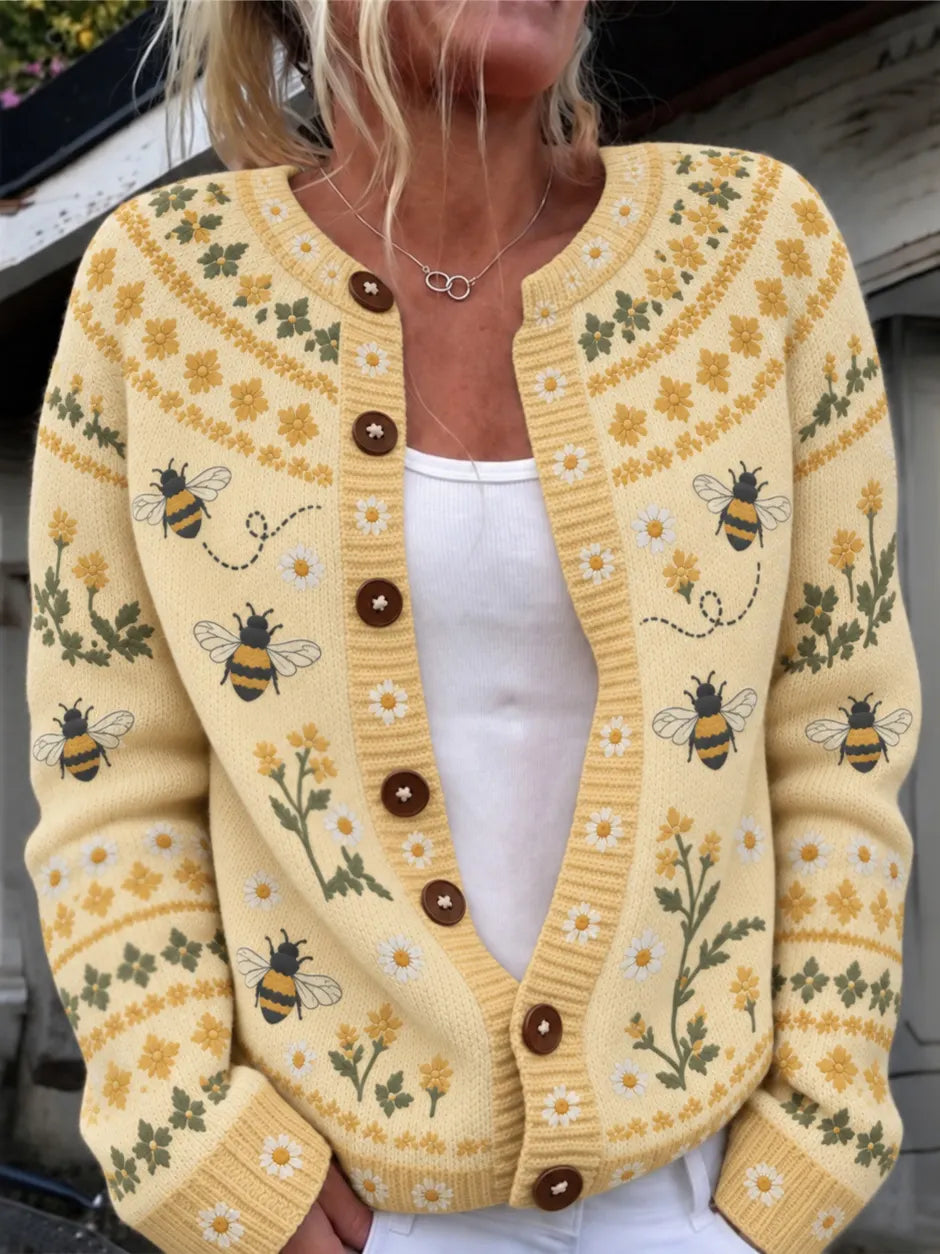 Women's Vintage Bee And Floral Print Casual Knit Cardigan Sweater