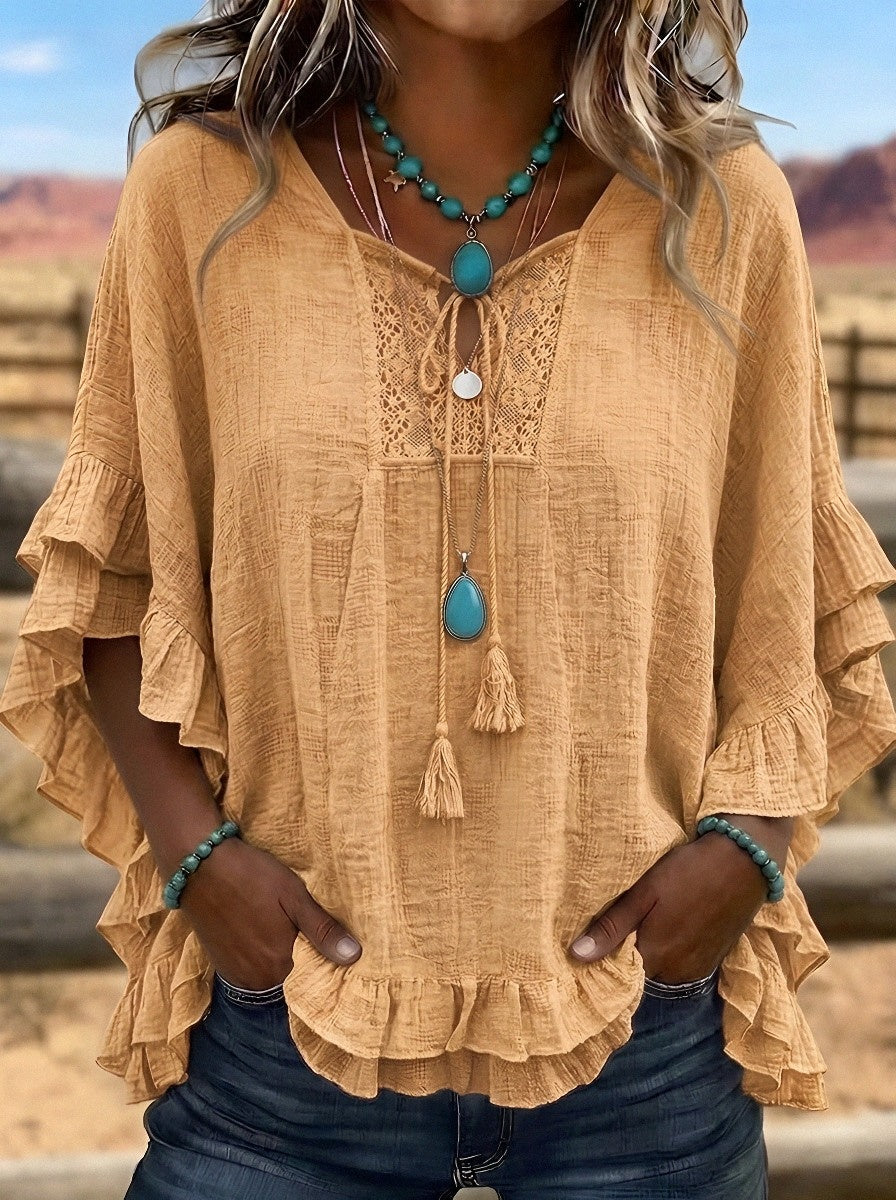 Women's Western Vintage Boho Lace Trim Ruffled Printed Top
