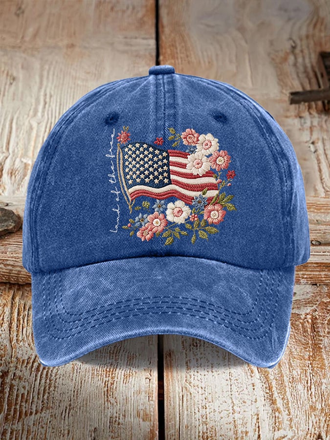 Retro Independence Day Flowers Land Of The Free Print Baseball Cap
