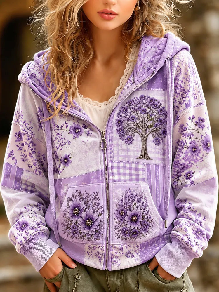 Women's Retro Floral And Plaid Patchwork Art Print Casual Zip Up Hoodie