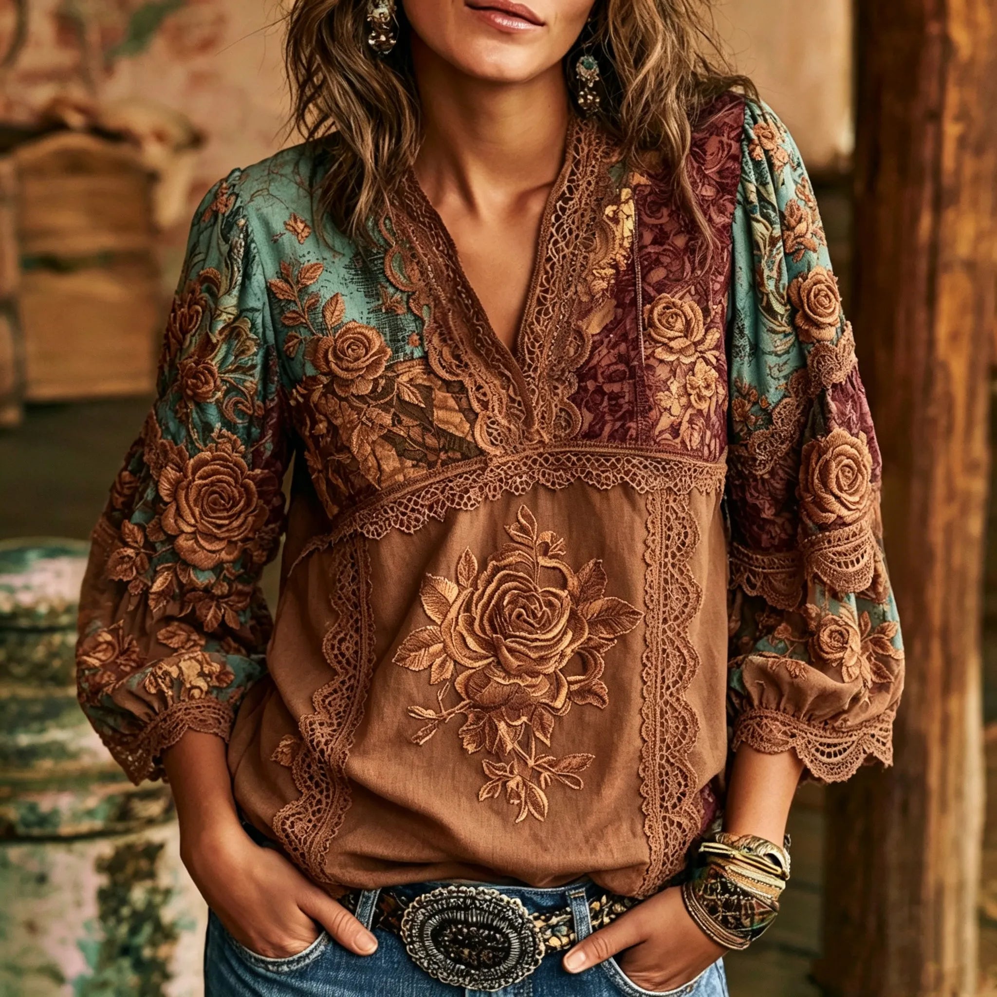 Women's Retro Bohemian Western Style Rose Floral Embroidery Patchwork Lace Print Top