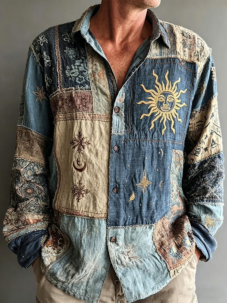 Men's Mysterious Hippie Sun Face Print Long Sleeve Shirt