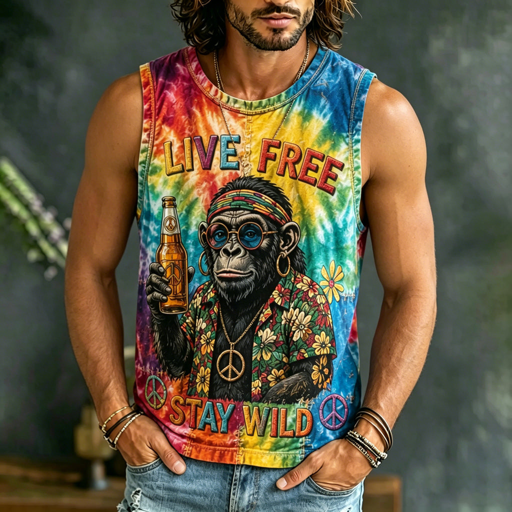 Men's Hippie Gorilla Letter Tie-dye Vacation Casual Vest