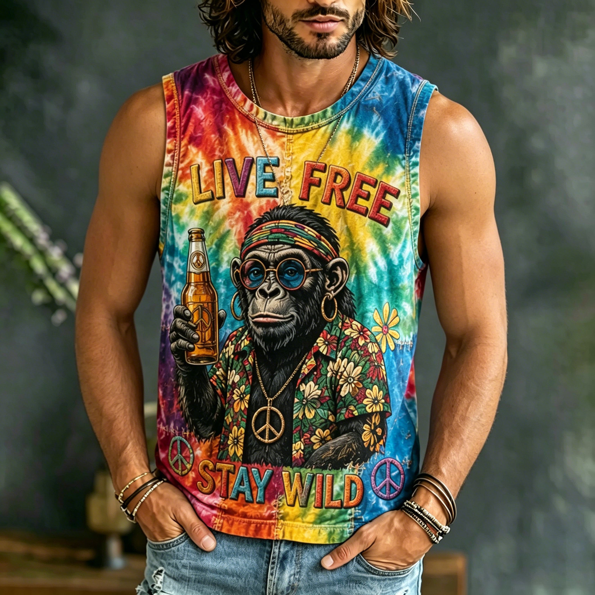 Men's Hippie Gorilla Letter Tie-dye Vacation Casual Vest