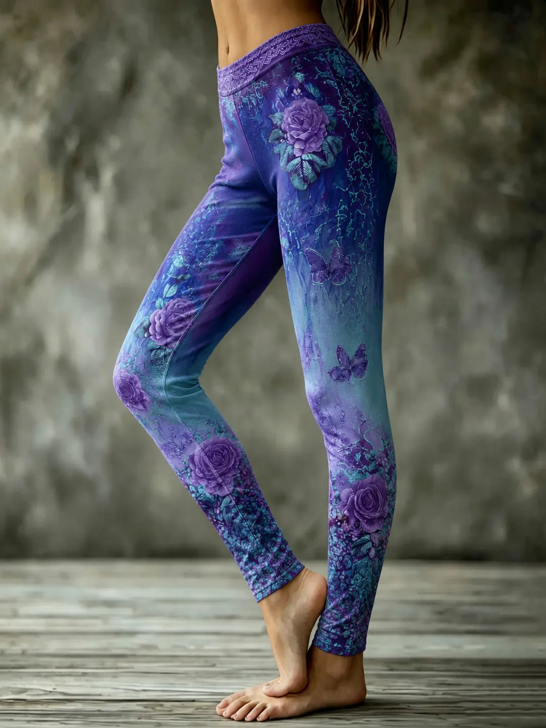 Women's Vintage Purple Rose Gradient Print Casual Leggings