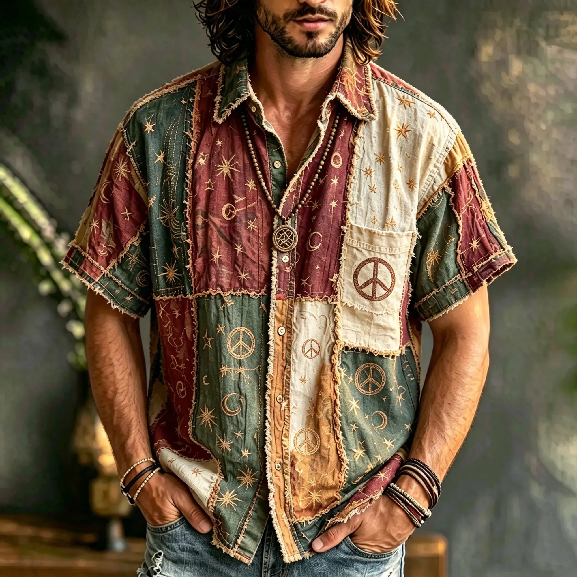 Men's Vintage Hippie Multicolor Patchwork Linen Blend Short Sleeve Shirt