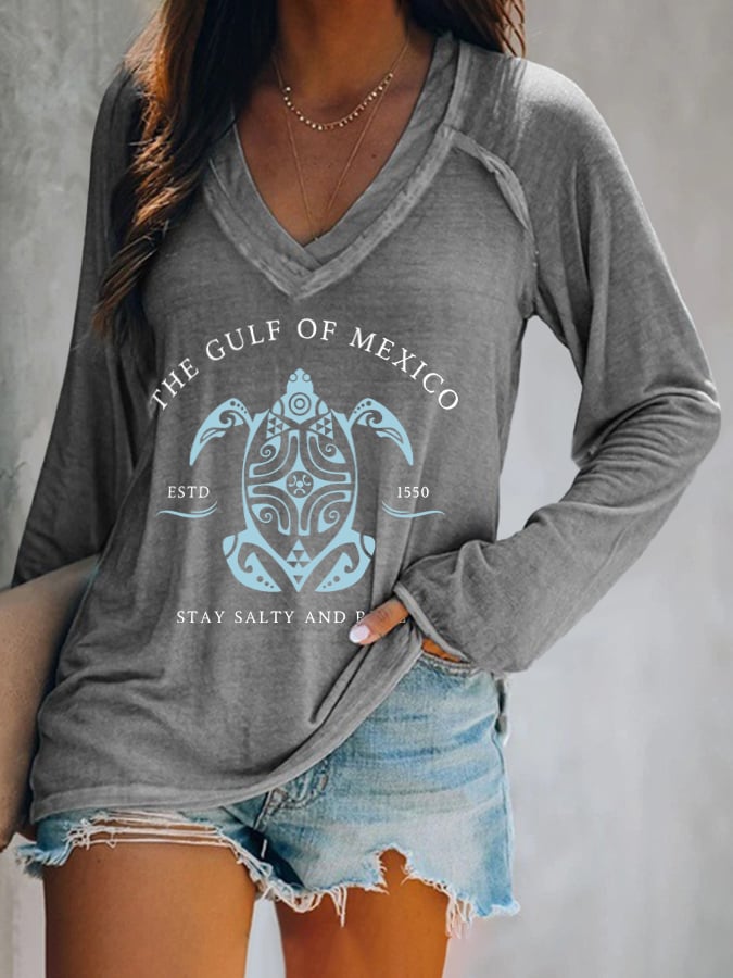 Women's Gulf Of Mexico Print V Neck T-Shirt