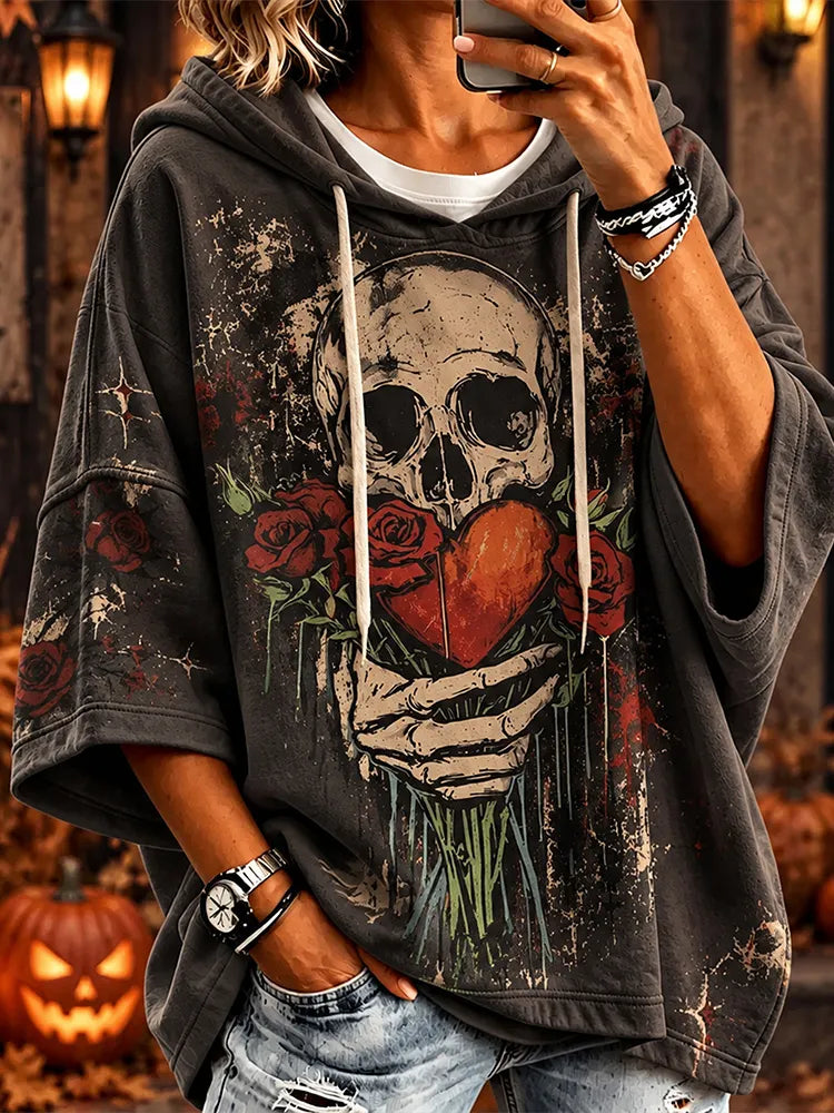 Vintage Distressed Gothic Skull Rose Heart Hand Hoodie