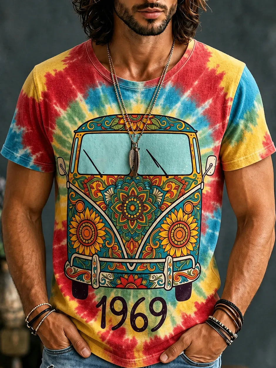 Men's Hippie Peace Car Tie Dye Print Casual Retro T-shirt