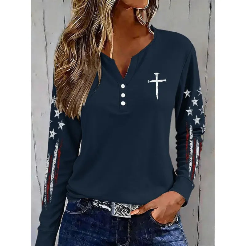 Women's America Falg Cross Pattern Long-Sleeve Henley Top