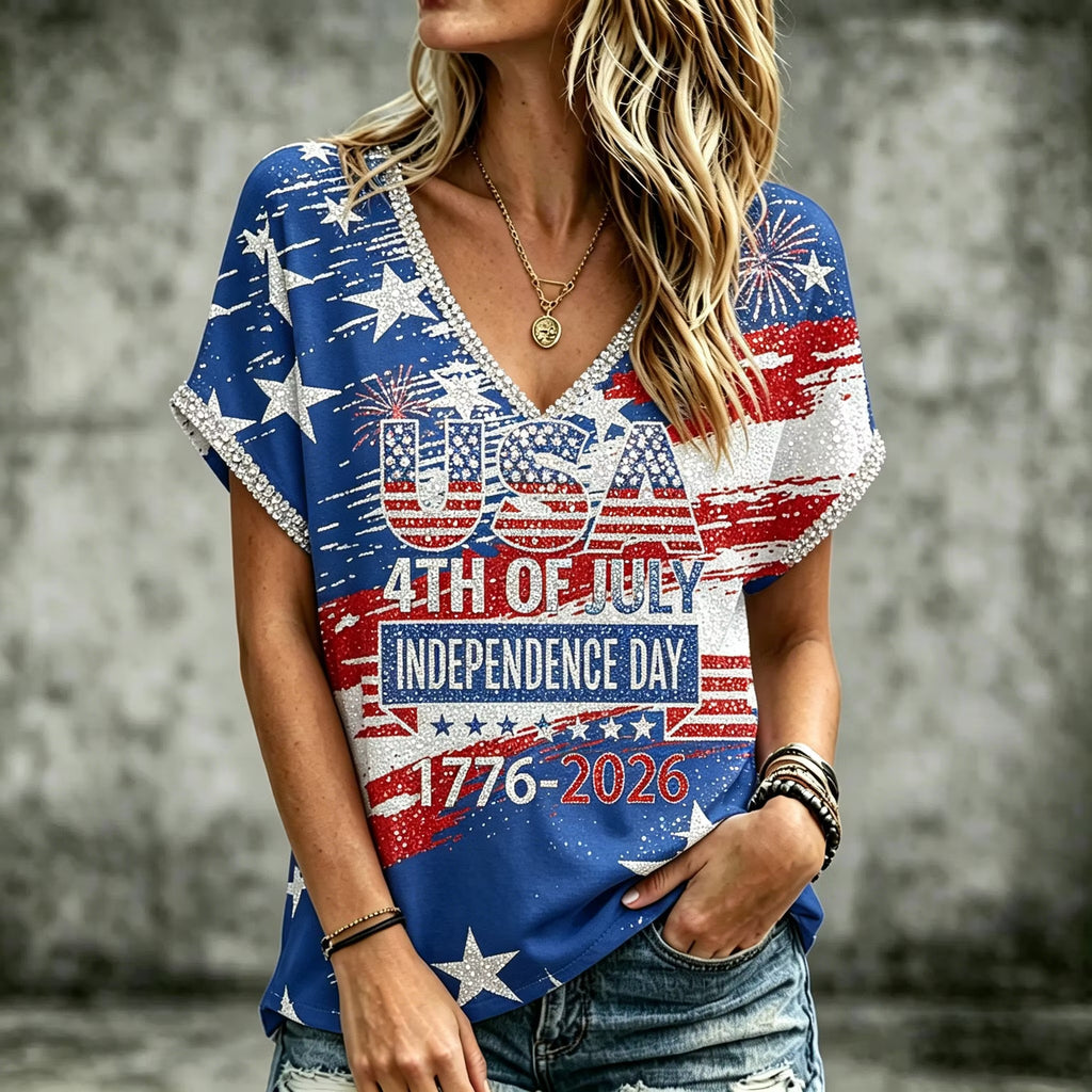 Women's American Flag And Letter Print Sequined V-neck T-shirt
