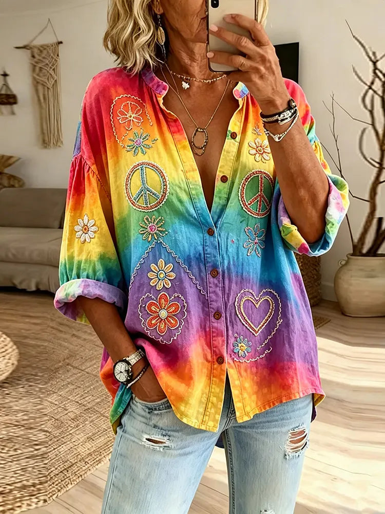 Women's Bohemian Floral And Hippie Peace Print Casual Shirt
