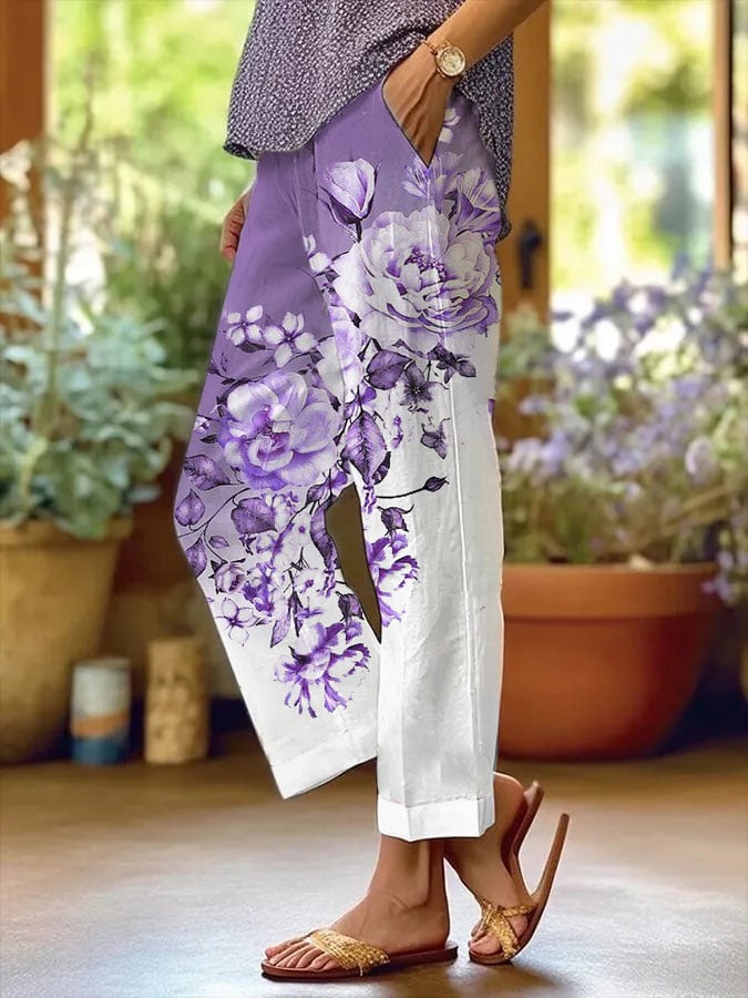Women's Alzheimer's Purple Floral Print Casual Pants
