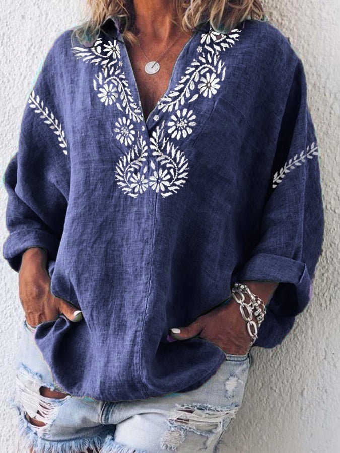 Women's Cotton And Linen Purple Floral V-Neck Top