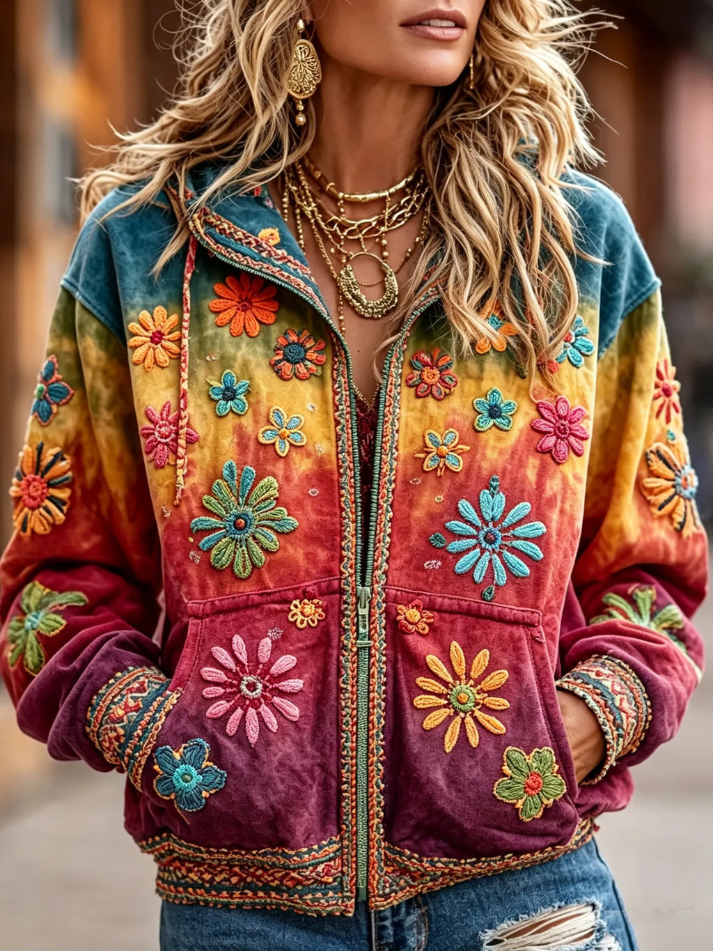Women's Retro Floral Embroidery Gradient Art Casual Zipper Hoodie