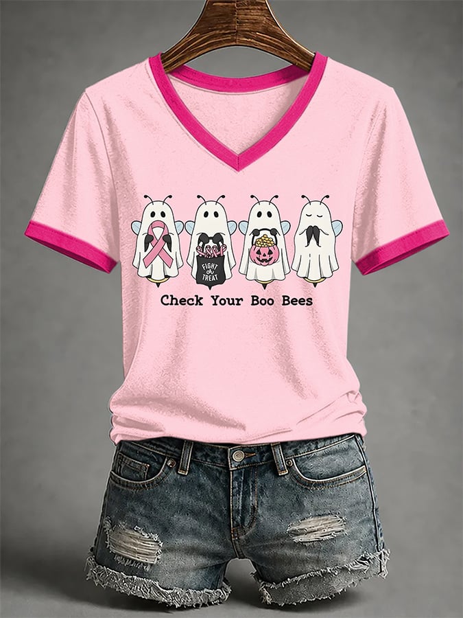 V-Neck Retro Breast Cancer Ghost Pink Ribbon Fight Or Treat Check Your Boo Bees Print T-Shirt