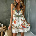 Women's Vintage Dragonfly And Floral Art Embroidered Linen Blend V Neck Camisole Mini Dress