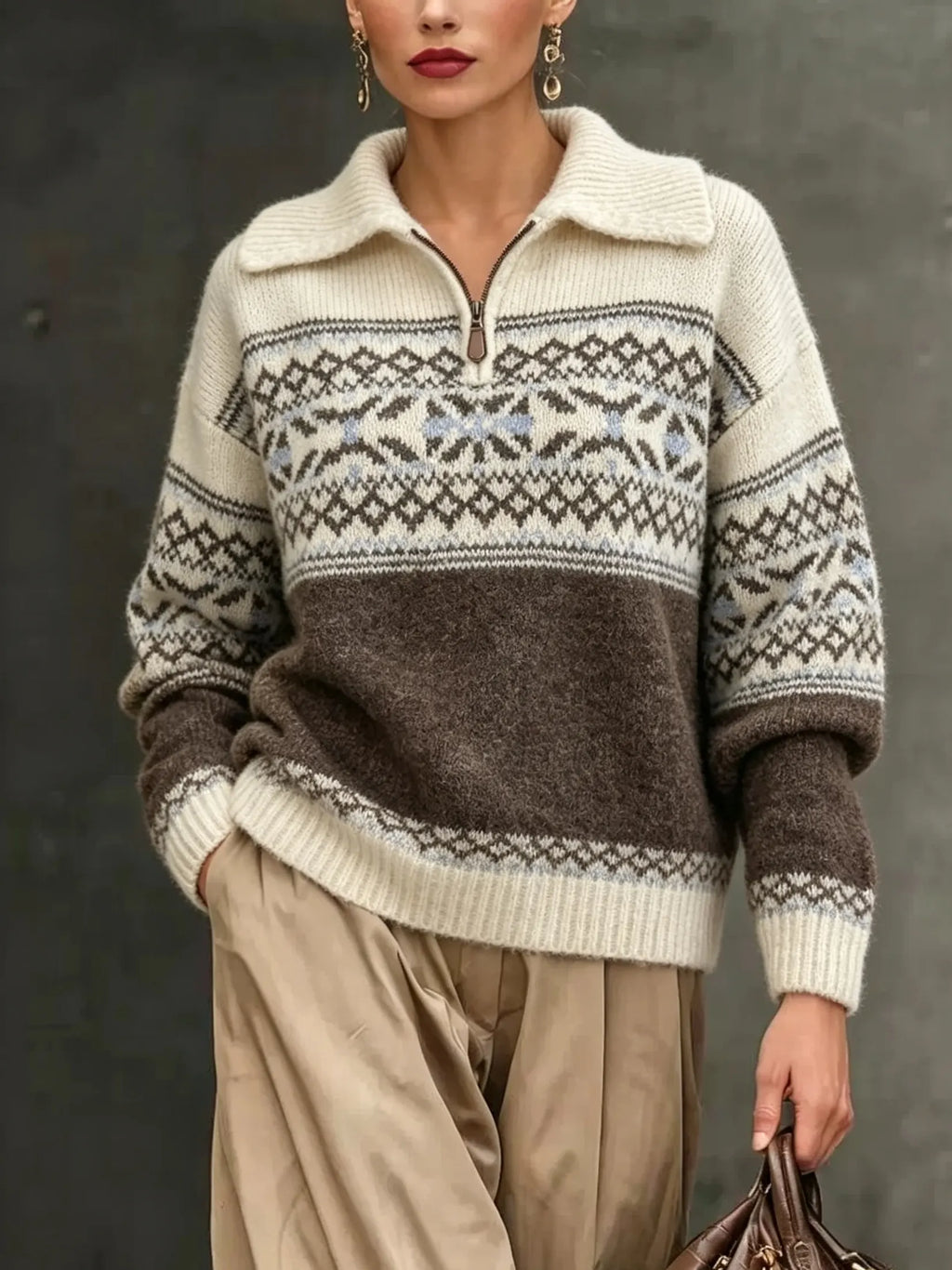 Fair Isle Collar Vintage Zipper Long-sleeve Jacquard Sweater