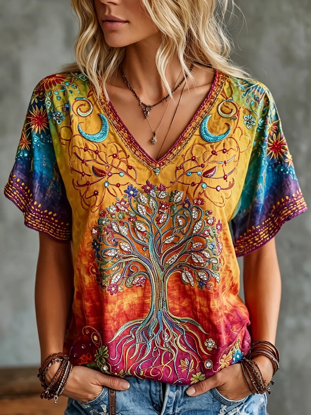 Women's Retro Hippie Tree Of Life Embroidery Art V Neck Short Sleeve T-shirt