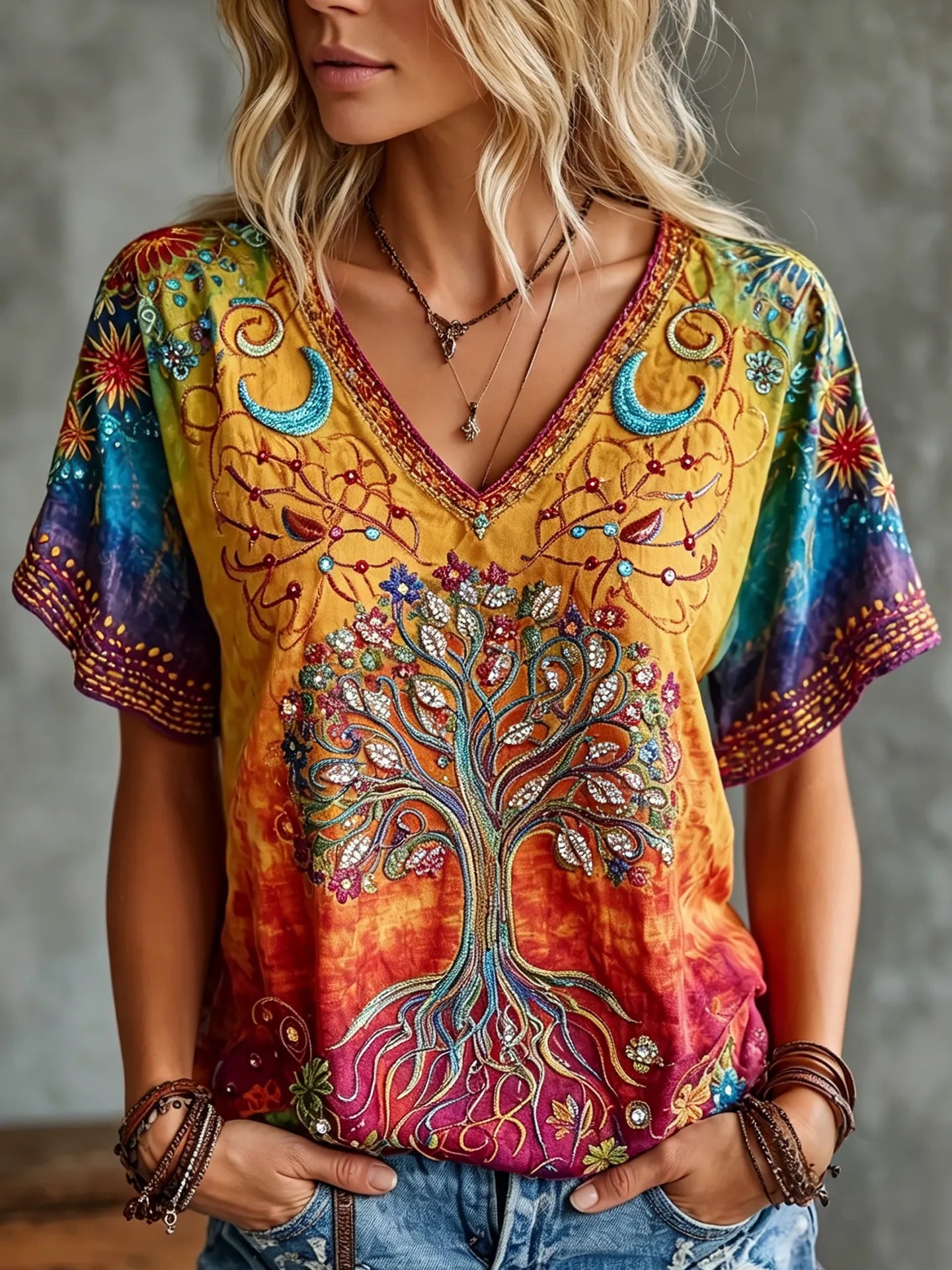 Women's Retro Hippie Tree Of Life Embroidery Art V Neck Short Sleeve T-shirt