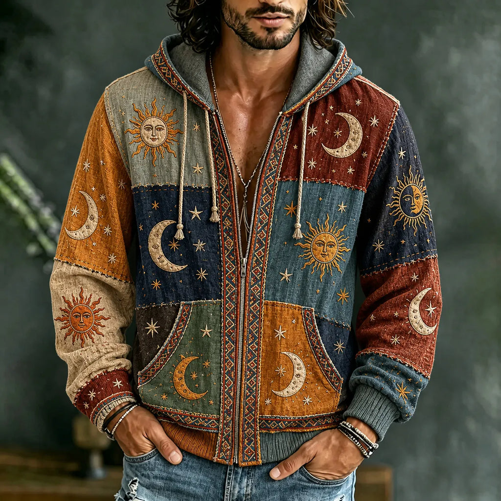 Men's Vintage Patchwork Peace Sign Sun Moon Star Art Cozy Warm Zipper Hoodie