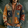 Men's Vintage Patchwork Peace Sign Sun Moon Star Art Cozy Warm Zipper Hoodie