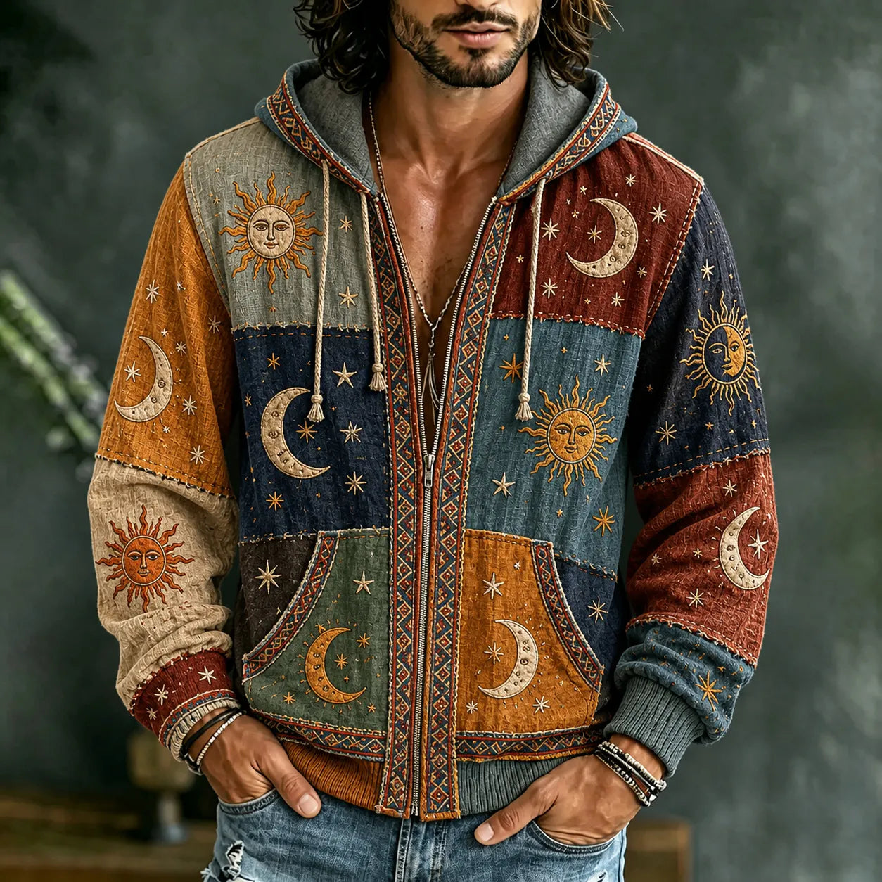 Men's Vintage Patchwork Peace Sign Sun Moon Star Art Cozy Warm Zipper Hoodie