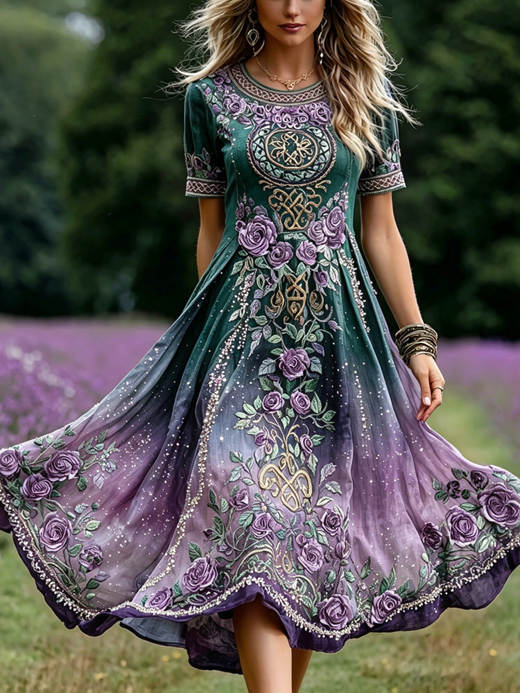 Women's Vintage Celtic Knot With Floral Art Embroidered Linen Blend Maxi Dress