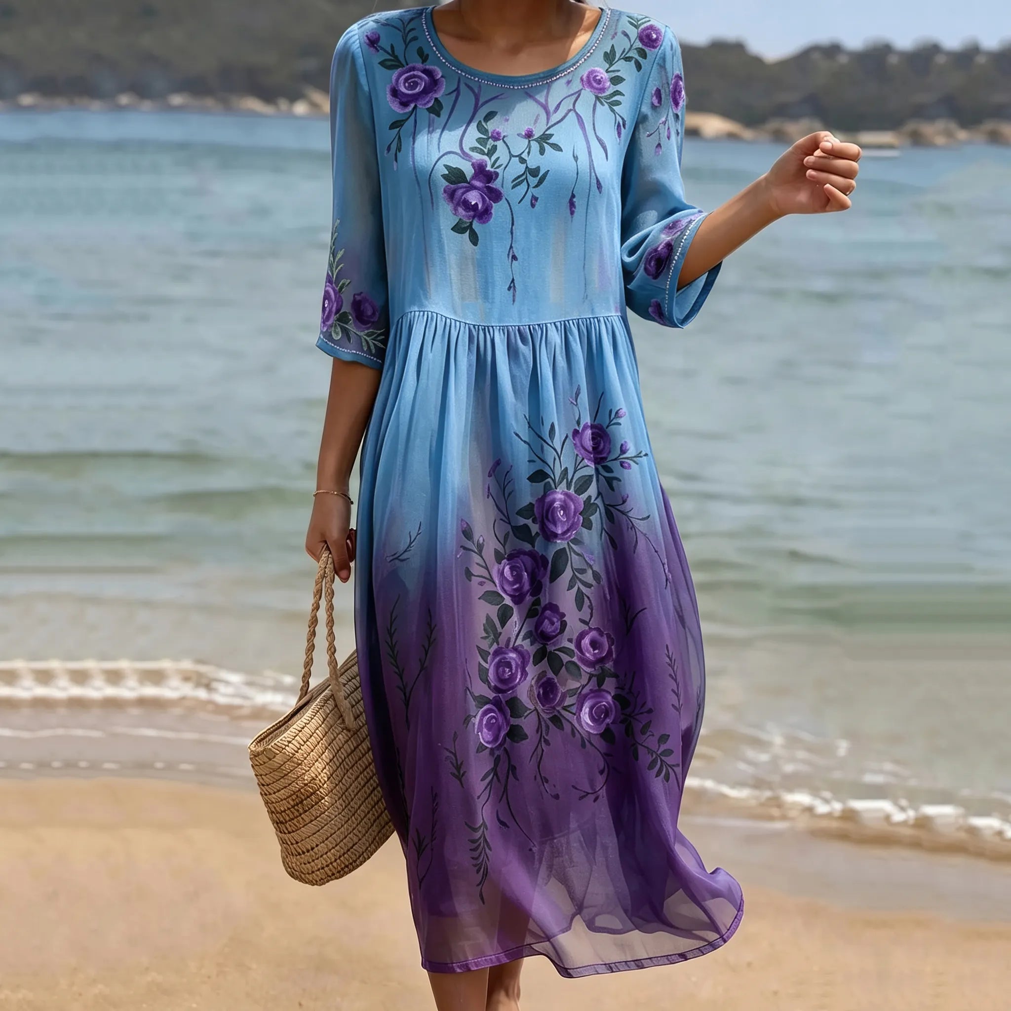 Women's Purple Rose Floral Gradient Pattern Mid-sleeve Casual Dress
