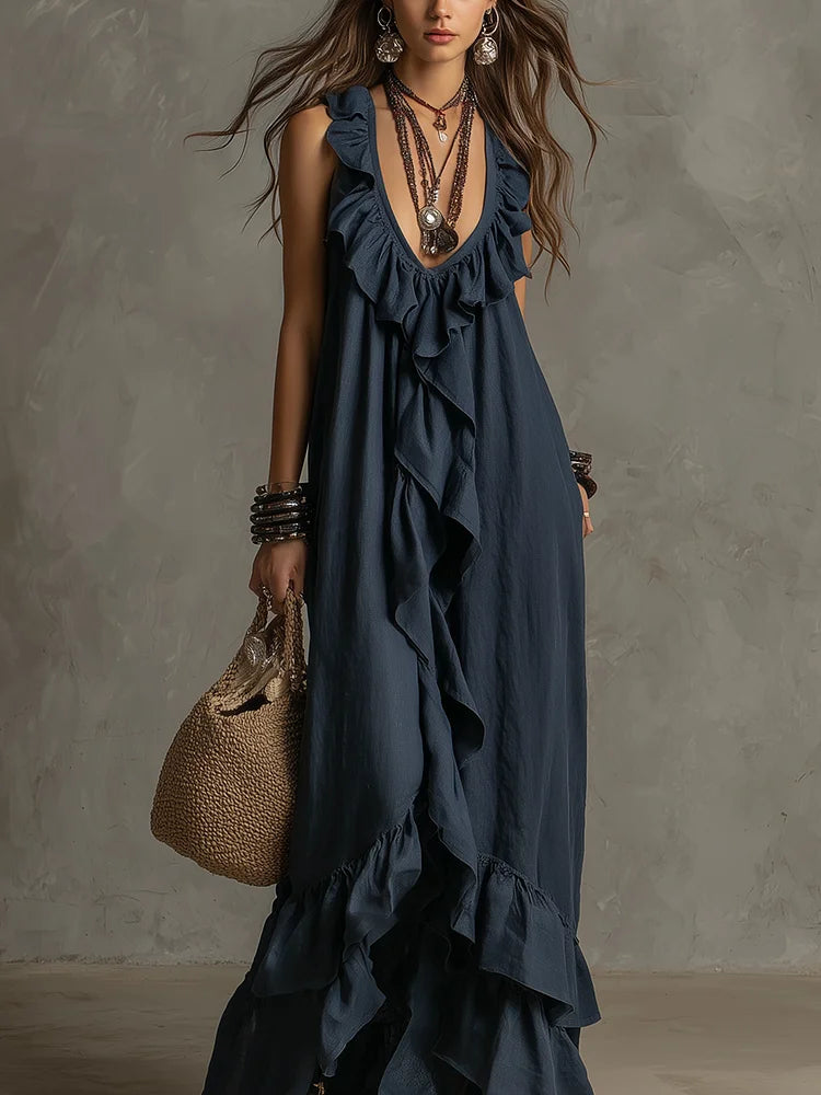 Elegant Bohemian V Neck Ruffle Maxi Dress