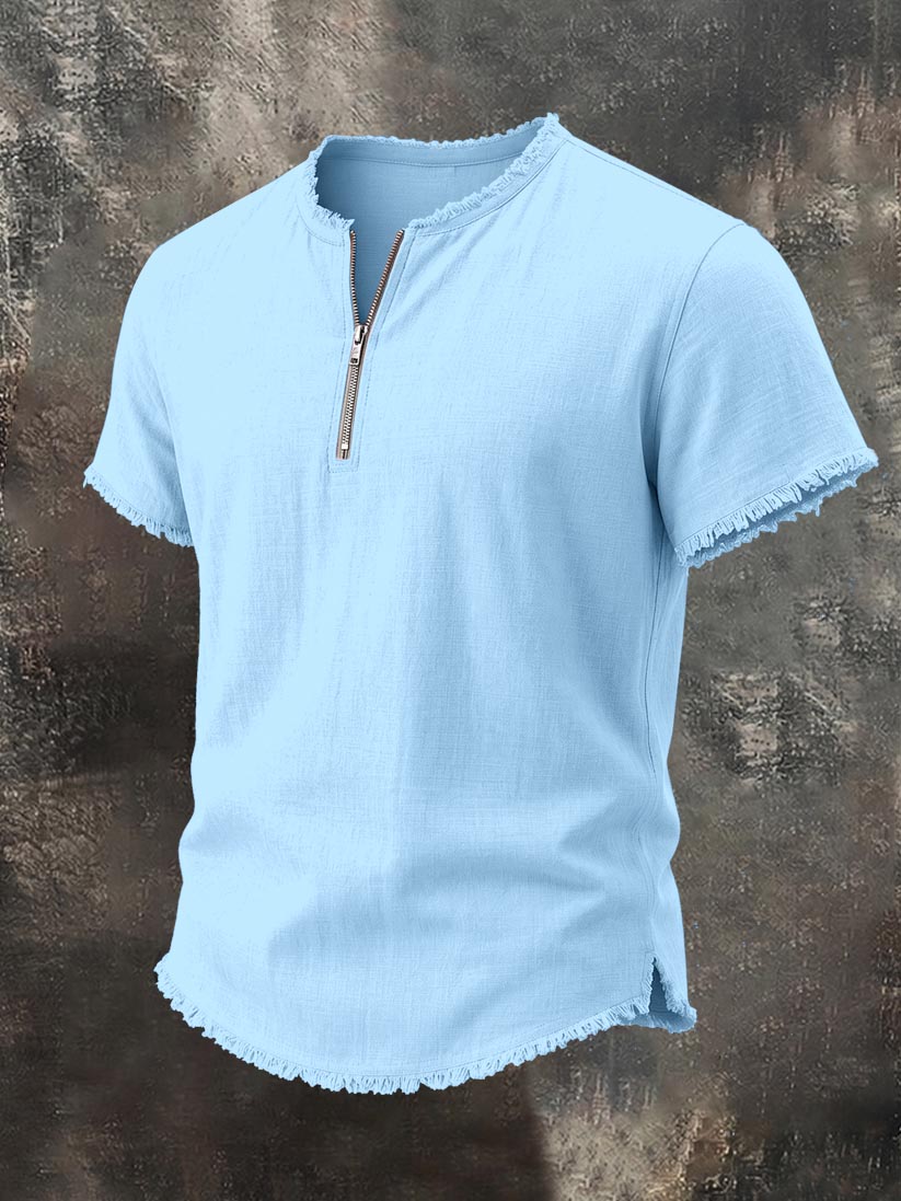 Men's Raw-Edge Cotton-Linen Zipper Top