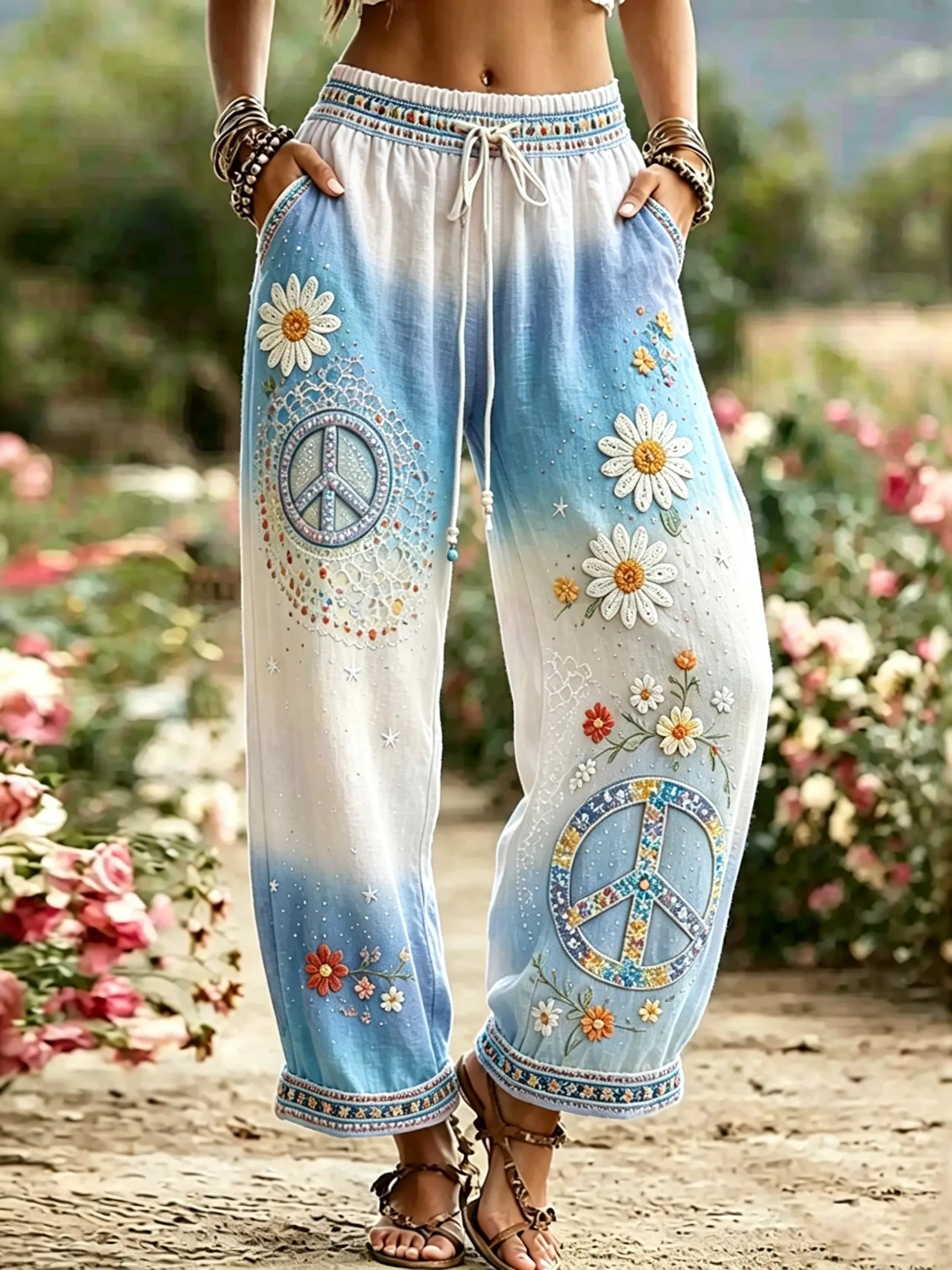 Women's Hippie Vintage Hippie Floral Art Cotton Linen Casual Pants