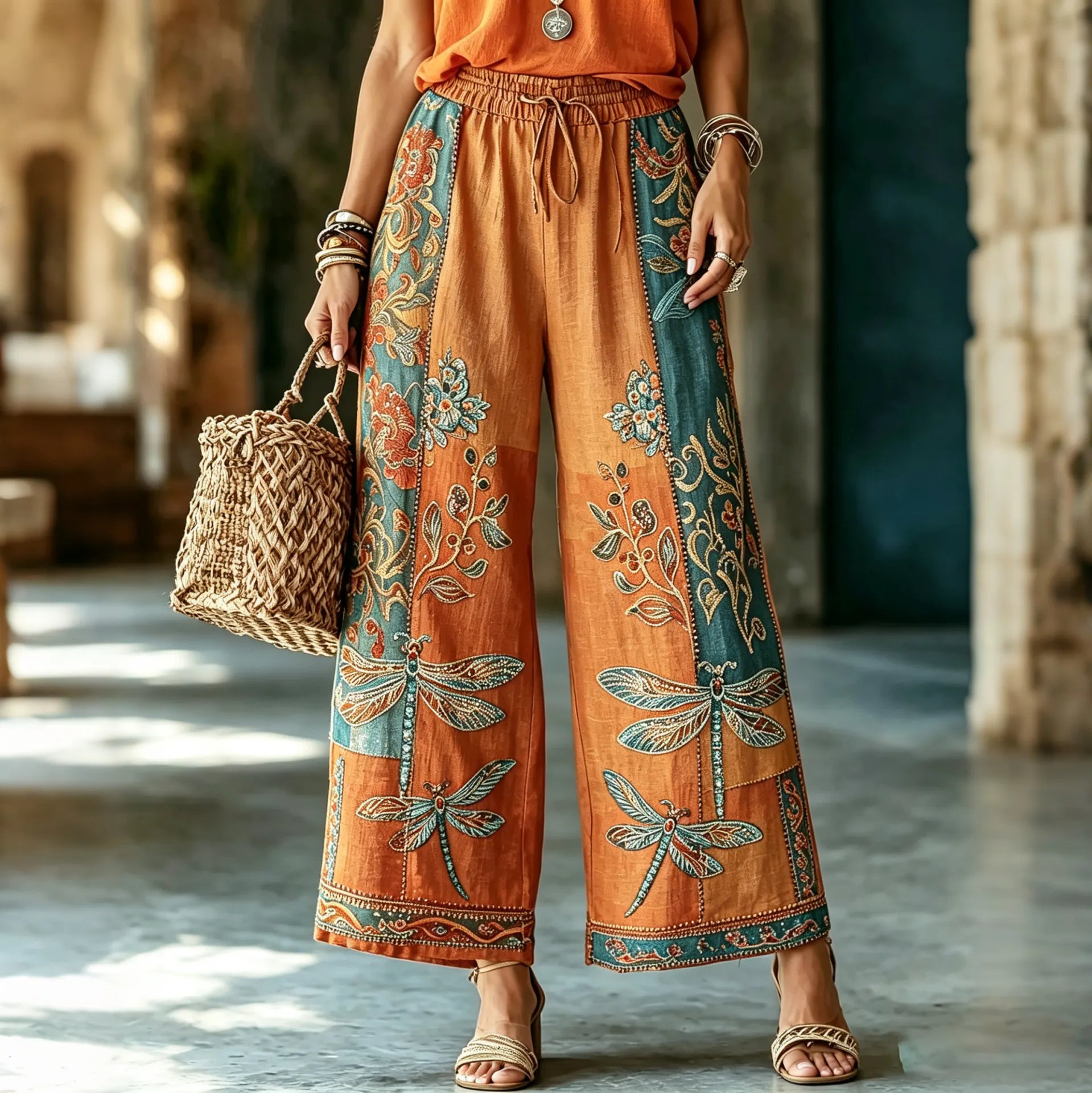 Women's Vintage Hippie Floral And Dragonfly In Patchwork Pattern Art Embroidered Linen Blend Pants