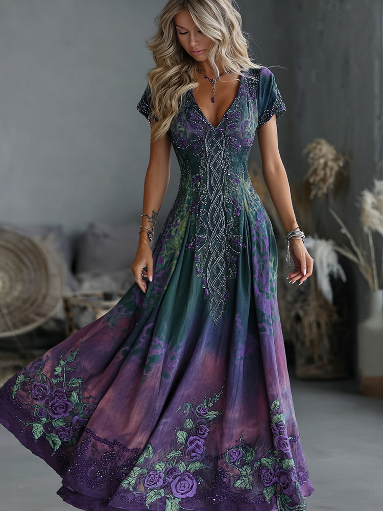 Women's Vintage Celtic Knot Floral Gradient Art Flowy Casual Maxi Dress