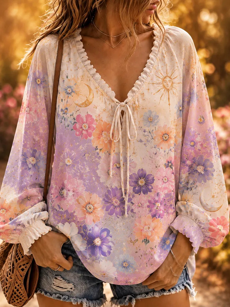 Women's Boho Pastel Floral, Sun And Moon Print V-neck Long Sleeve Blouse