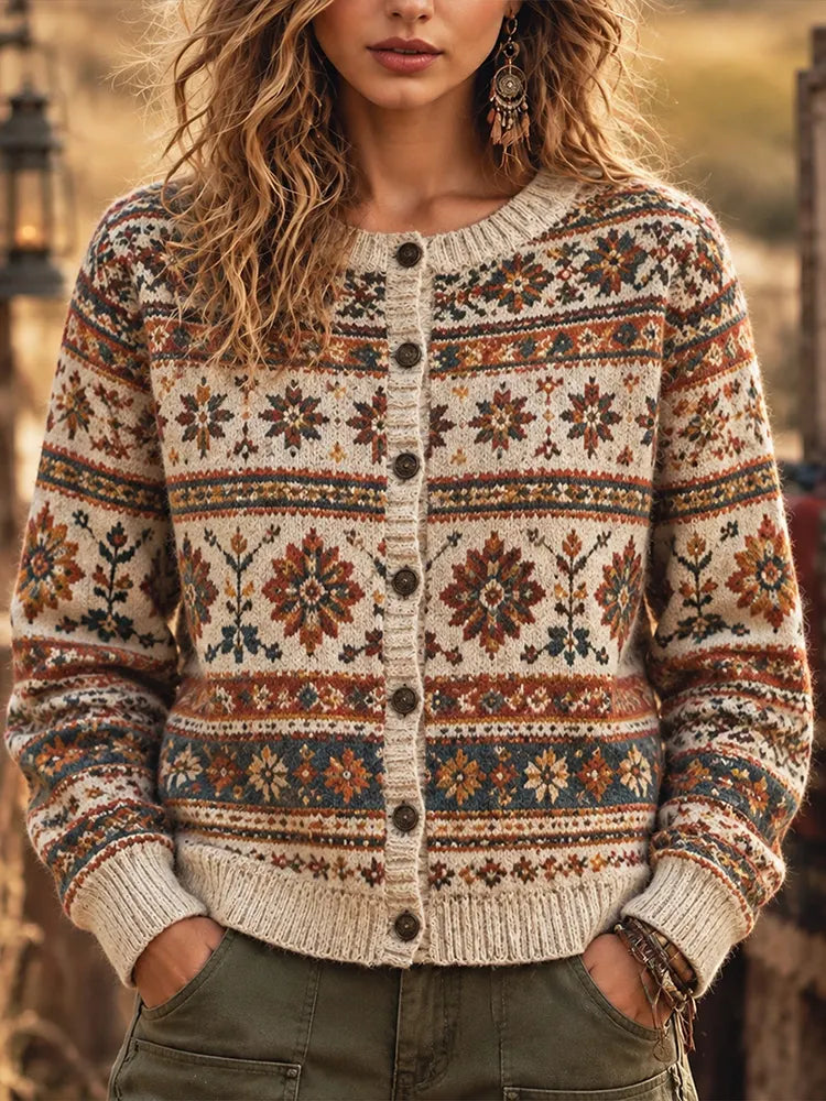 Women's Vintage Boho Fair Isle Floral Knit Cardigan