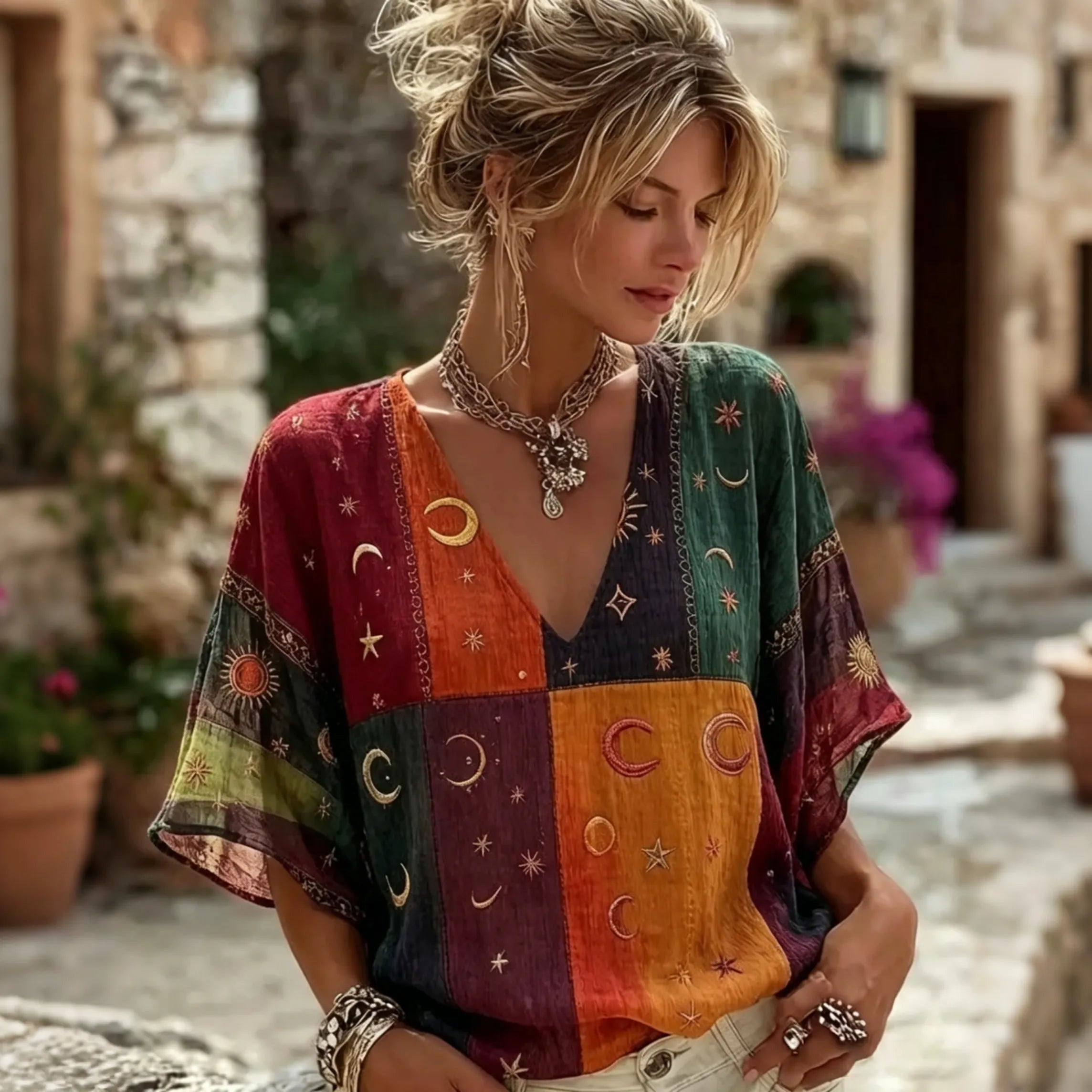 Women's Sun, Moon And Stars Color Block Hippie Print V-neck T-shirt