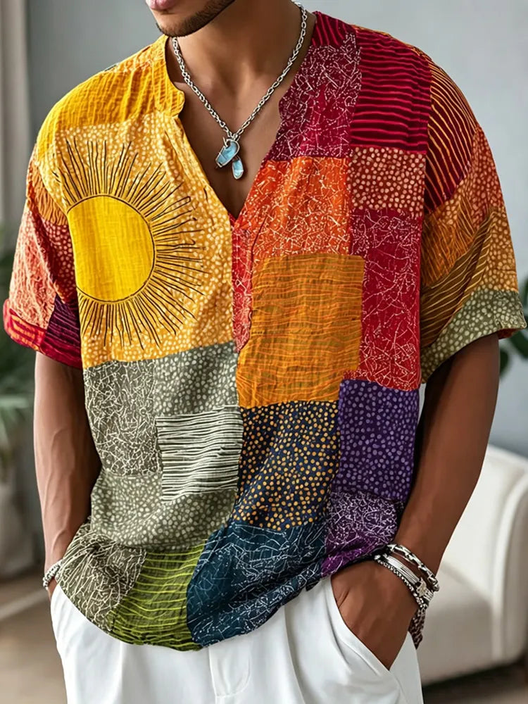 Men's Colorblock Peace Sign Print V Neck Short Sleeve Shirt