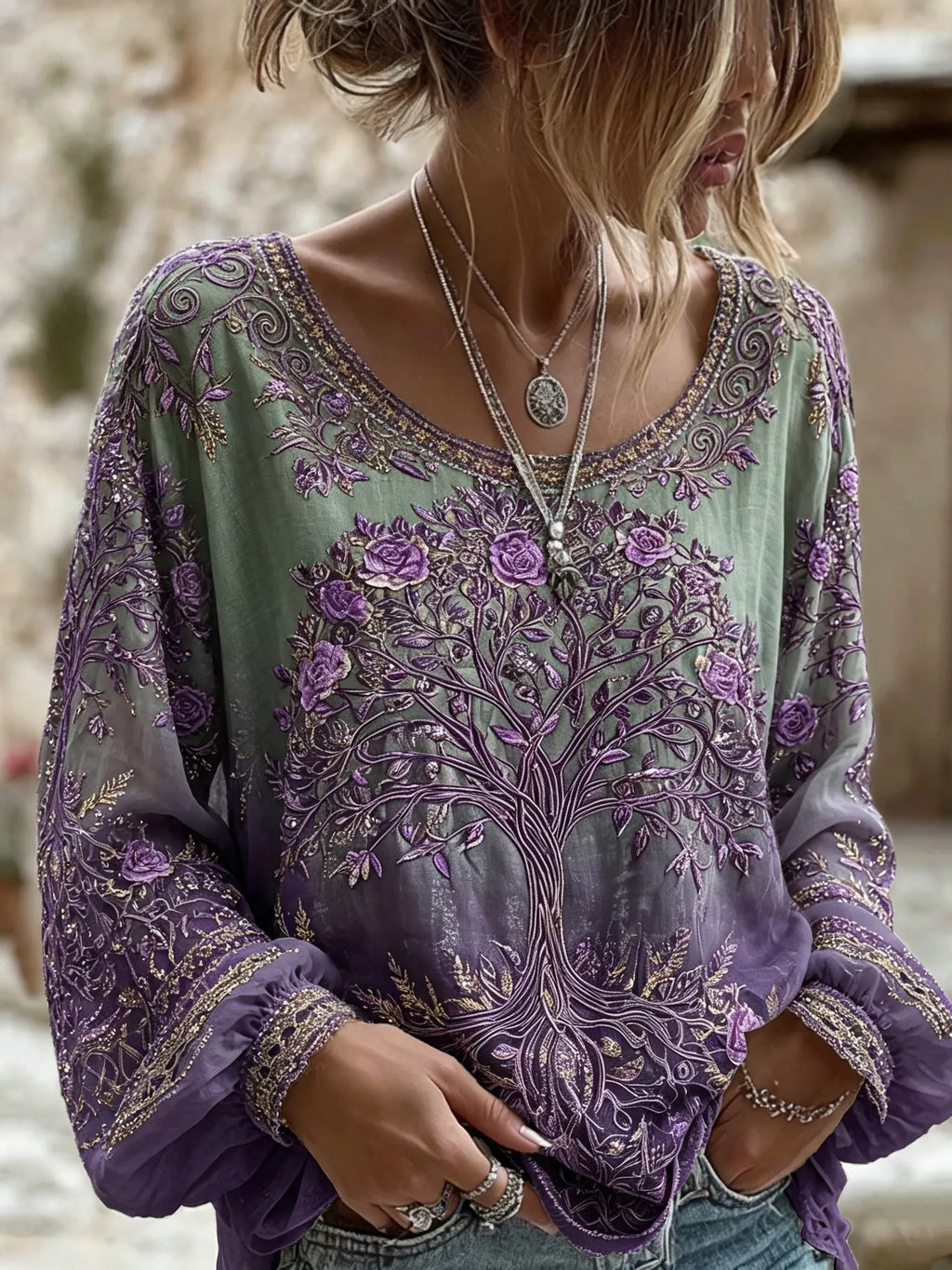 Women's Retro Tree Of Life Floral Gradient Art Pattern Casual Linen Top