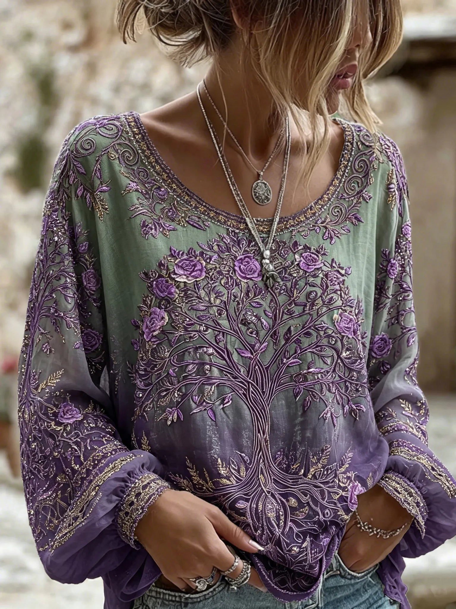 Women's Retro Tree Of Life Floral Gradient Art Pattern Casual Linen Top