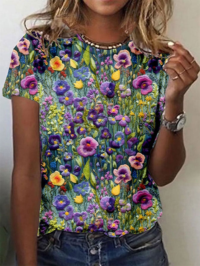 Women's Alzheimer's Purple Floral Print T-Shirt