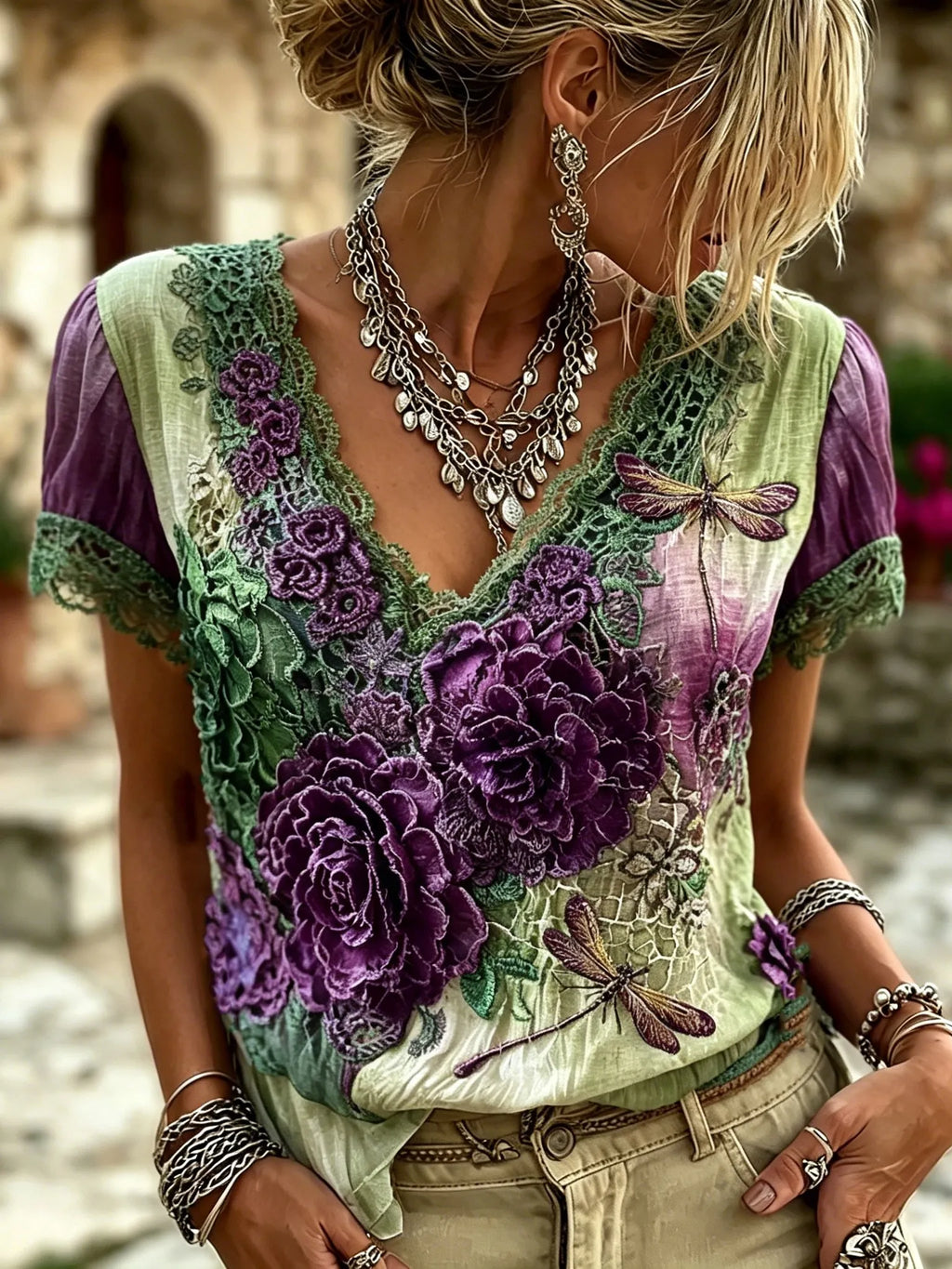 Women's Retro Bohemian Style Floral And Dragonfly Print Top