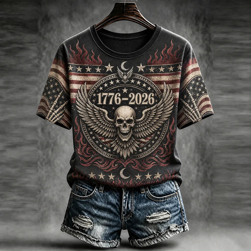 Women's Crewneck Short Sleeve T-shirt Featuring 1776-2026 Winged Skull And Flame Pattern