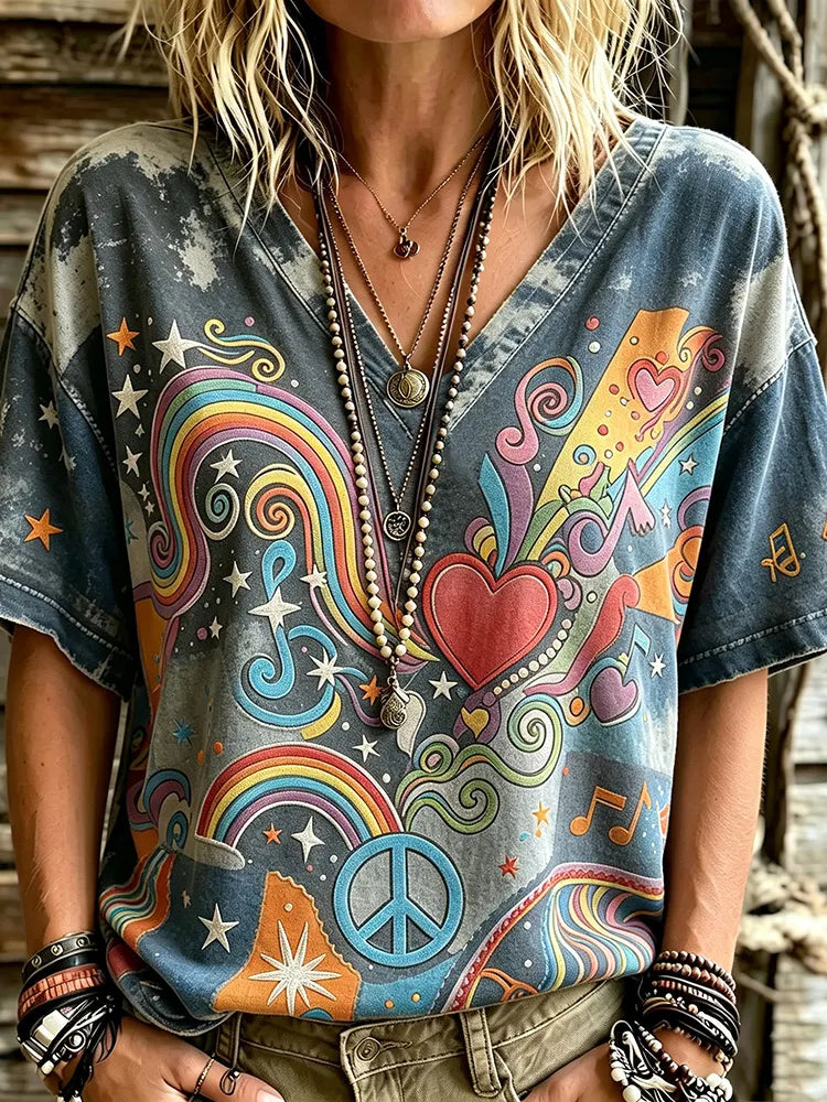 Vintage Hippie Acid Wash Denim Look Rainbow Heart Peace Sign Graphic T-shirt