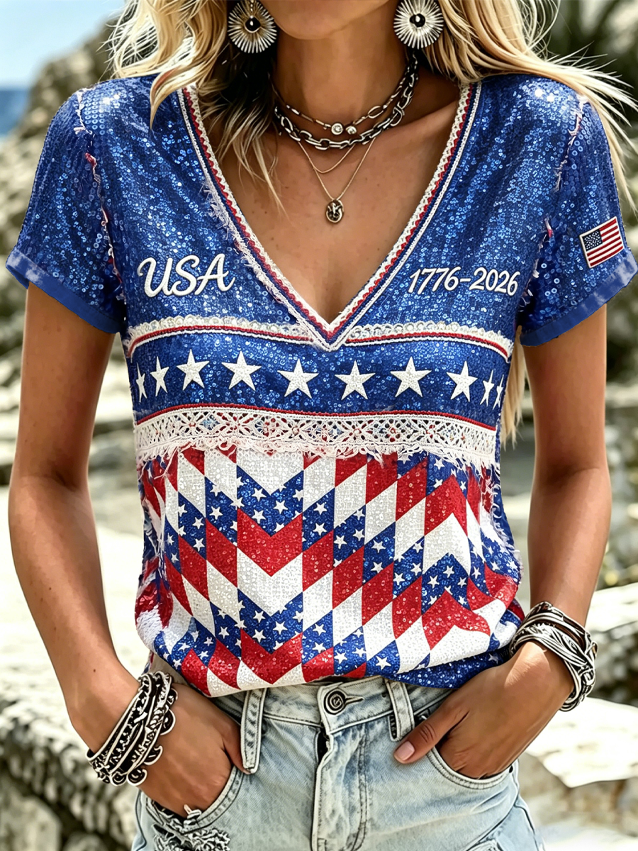 Women'S Cross Color Star Art Printed T-Shirt For Independence Day 1776-2026 In The United States